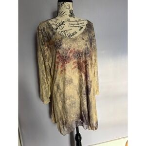 Whimsygoth boho fairy flowy Lace Tunic Top Beige Floral Print Sheer V-Neck XL